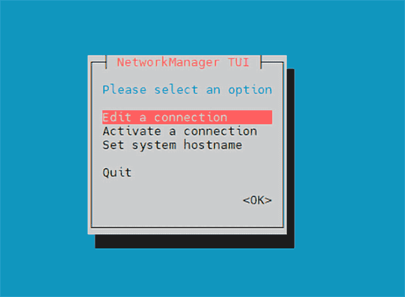 NetworkManager TUI interface with options to edit, activate, and manage network connections.